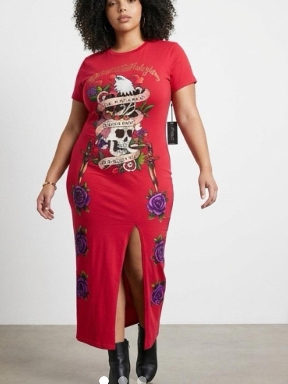 Christian Audigier Red Graphic Skull & Rose Maxi Dress with Front Slit